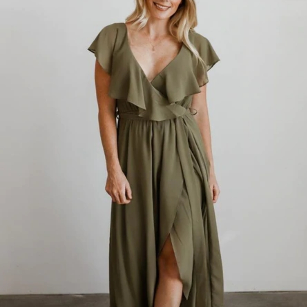 Baltic Born Katya Ruffle Maxi Dress Dusty Olive Green Bridesmaid Prom Dress